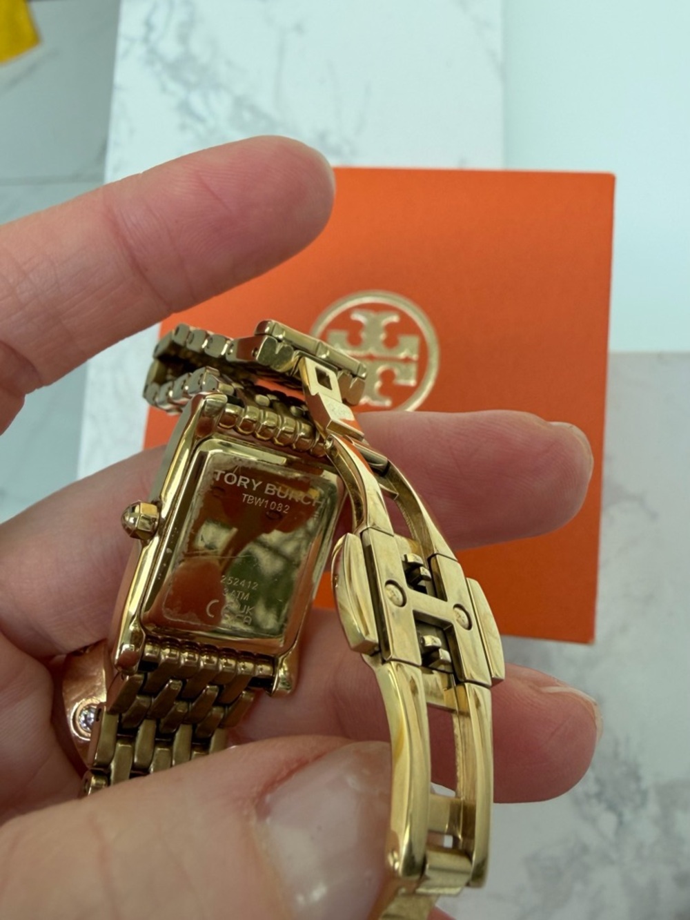 Tory Burch Gold-Tone Rectangular Mother-of-Pearl Bracelet Watch - Picture 4 of 6